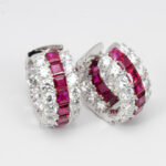 White Gold Square Ruby and Round Diamond In-Out Hoop Earrings