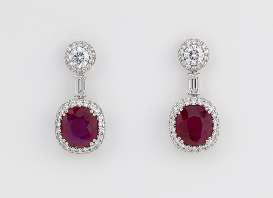 White Gold Burma Ruby and Diamond Drop Earrings